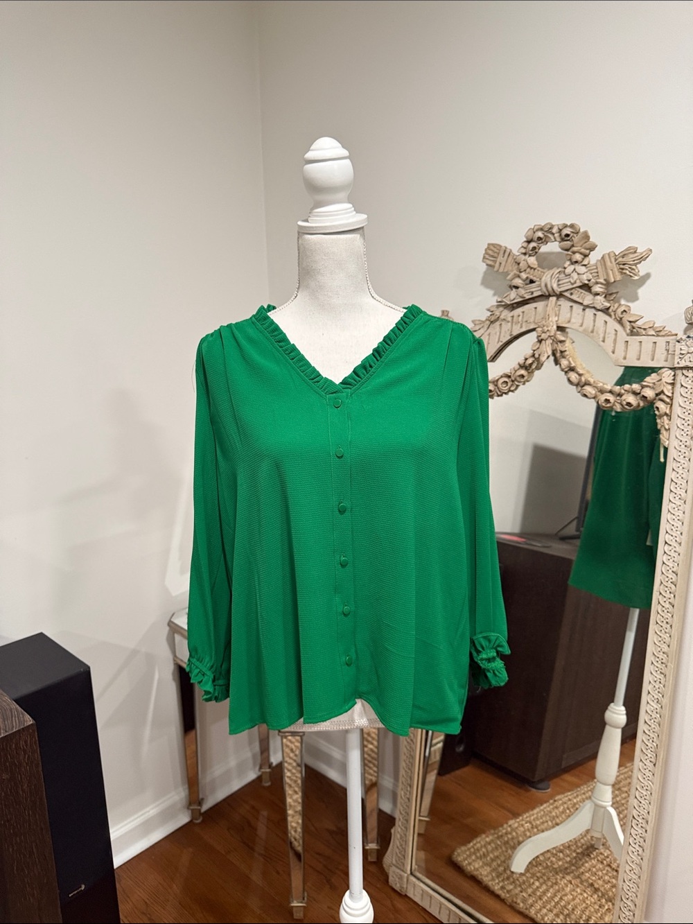 CeCe V-Neck Button Front Emerald Green Ruffle Trim Blouse